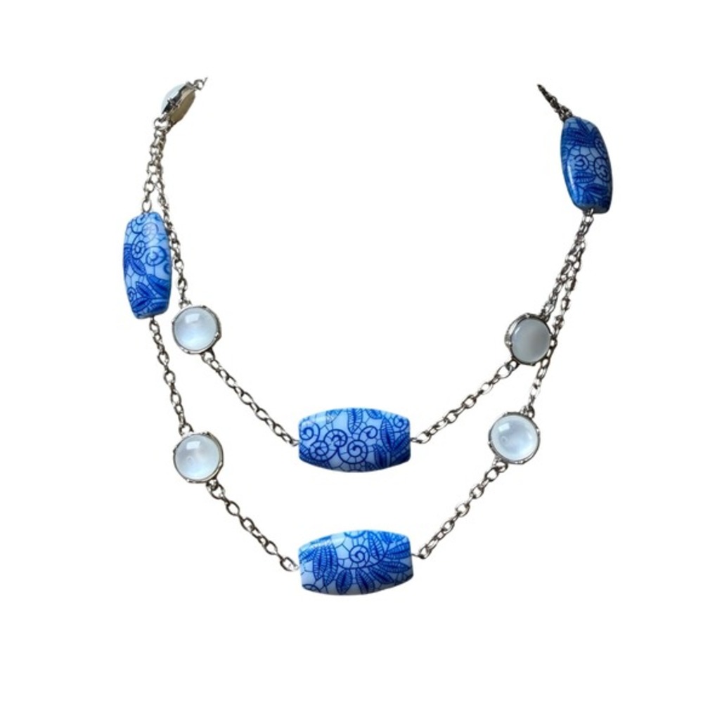 Kim Rogers Long Chain Necklace Blue White Floral Beads Silver Tone Cabochon